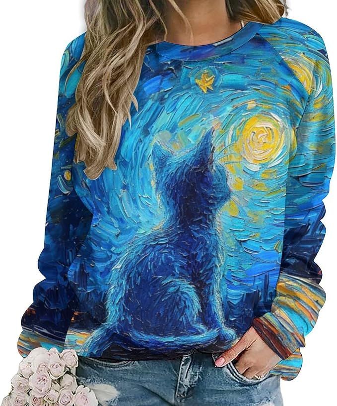 Long Sleeve Shirts for Women Cat Oil Painting Shirt 3D Graphic Sweatshirts Fall Pullover Crewneck Vintage Boho Tops