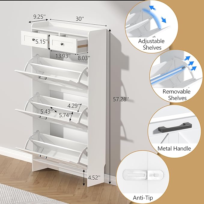 Shoe Cabinet with 3 Flip Drawers & 2 Storage Drawers, Rustic Farmhouse Narrow