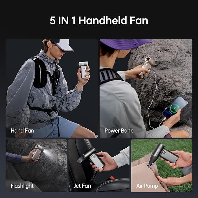 JISULIFE Portable Handheld Fan Ultra2, 9000mAh Max 25 Hrs, 5 IN 1, 100 Speed