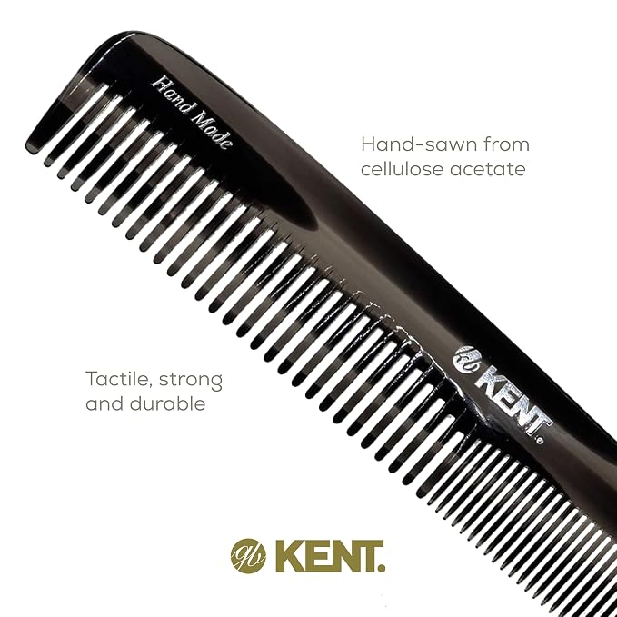 Kent 9T Black Graphite Fine Tooth and Wide Tooth Detangler Comb - Large Handmade Dressing Comb for Wet Hair and Durable Grooming, Hand Polished, Saw-Cut Made in England