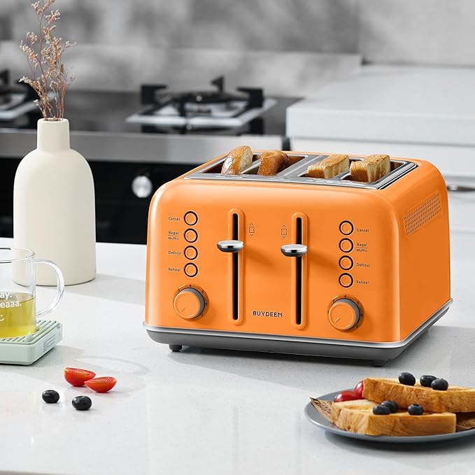 BUYDEEM DT640 4-Slice Toaster, Extra Wide Slots, Retro Stainless Steel