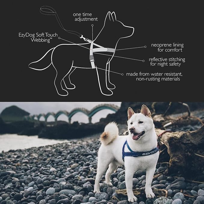 EzyDog Quick Fit Dog Harness, Soft Neoprene Padding - Medium, Blue | Fast One-Click Buckle, Adjustable Fit, Strong Reinforced Materials, Reflective Stitching, No Pull Dog Harness, Easy Walking