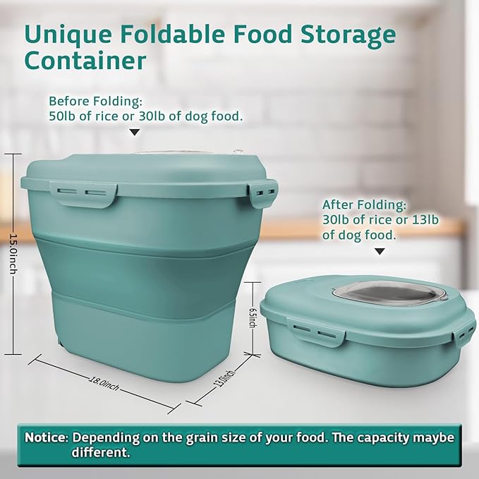Rice Storage Bin Cereal Containers, 13-50lb Collapsible Rice Container Dispenser with Transparent Lid, Rolling Wheels, Measuring Cup and Scoop, Airtight Dog Cat Pet Food Storage Container Green