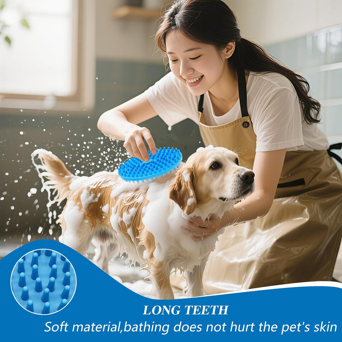 Dog Grooming Brush, Lilpep Pet Shampoo Bath Brush Soothing Massage Rubber Comb with Adjustable Ring Handle for Long Short Haired Dogs and Cats (2 pale blue, 2 sided brush)