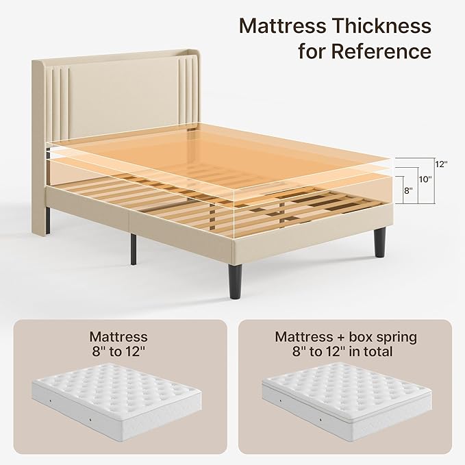 Gizoon Full Bed Frame with Charging Station and LED Lights,Upholstered Wingback Platform Bed with Wooden Slats,Noise-Free,No Box Spring Needed