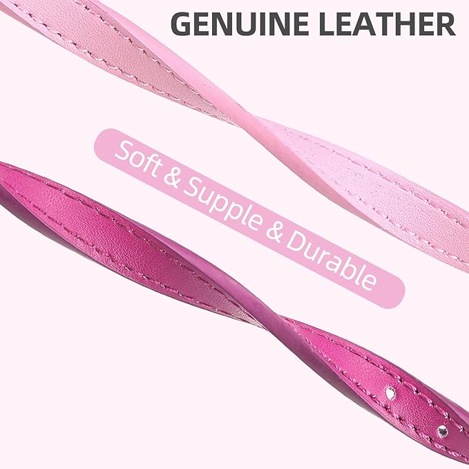 PUPTECK 2 PCS Soft Genuine Leather Cat Kitten Collar with Bells Adjustable for Girl Boy Cats Puppy, Rose Pink