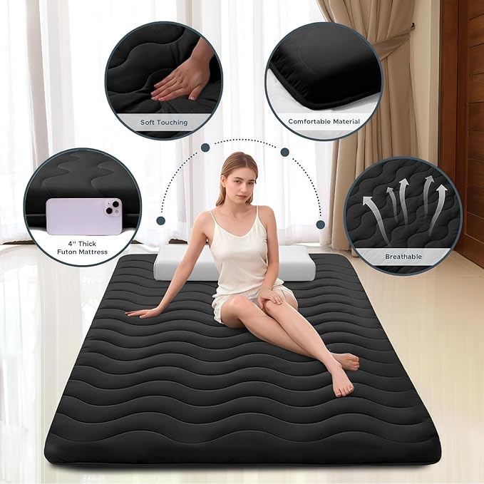 Japanese Floor Mattress, 100% High Density Comfortable Foam, 4" Thicken Foldable Mattress Tatami Mat Sleeping Pad, Ideal for Comfort and Support, Kids Floor Lounger Pillow Bed Sofa, Black, Twin