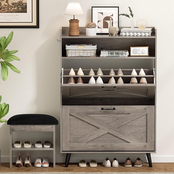 EOYUTLLY Shoe Cabinet with Bench, Shoe Organizer Cabinet with 2 Flip Drawers &