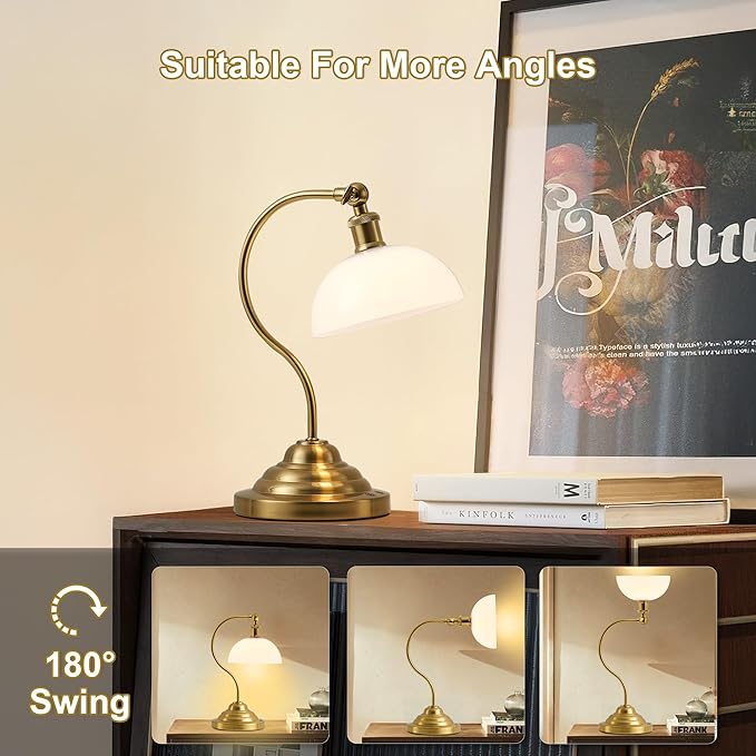 Cordless LED Table Lamp Set of Two, Swing Arm Desk Lamp, Battery Operated,Dimmable/3 Color,Modern Rechargeable Table Light for Living Room,Bedroom,Bedside, White Glass Shade, Brass