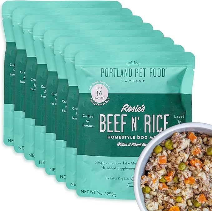 Portland Pet Food Company Fresh Dog Food Pouches - Human-Grade Toppers Wet Pet Meal & Mixers - Small & Large Breed Puppy & Senior Dogs - Gluten-Free, Limited Ingredient Rosie’s Beef N' Rice - 8 Pack