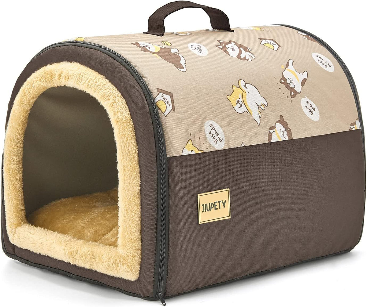 Jiupety Indoor Dog House, 2 in 1 Portable Foldable House Bed with Cover, Pet Tent & Cave Bed for Cats and Small Dogs, M(18"×14"×13"), Up to 9 Lb, Brown