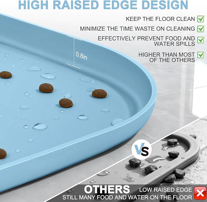 SMILOOL Waterproof Silicone Pet Food Mat with Raised Edge for Dog & Cat | 22" x 14" Non-Slip Pet Feeding Mats with Lip for Food & Water Bowl, Food Grade, Easy Cleaning, Light Blue