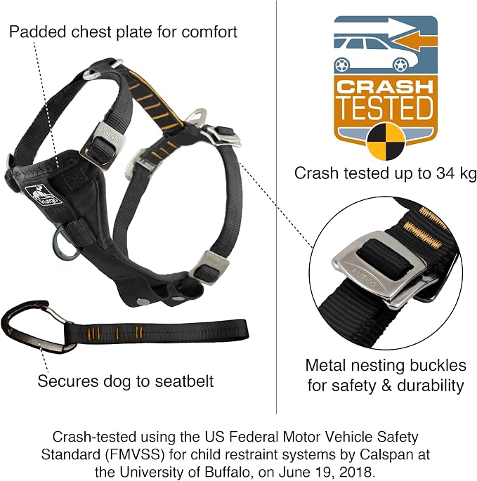 Kurgo Enhanced Strength Tru-Fit Smart Harness, Black, Medium | Crash Tested Car Harness for Dogs up to 75Lbs, Seatbelt Tether & Steel Carabiner, All-Steel Buckles, Padded Chest for Comfort