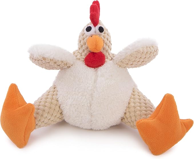 goDog Checkers Fat Rooster Squeaky Plush Dog Toy, Chew Guard Technology - White, Small