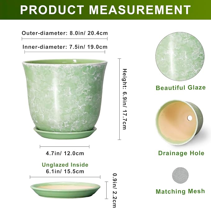 Ceramic Planter - 8 Inch Plant Pot for Indoor Outdoor, Round Flower Pots with Drainage Hole and Saucer, Modern Decorative Planters, Home Office Desk Decor, Gifts for Plant Lovers, Green