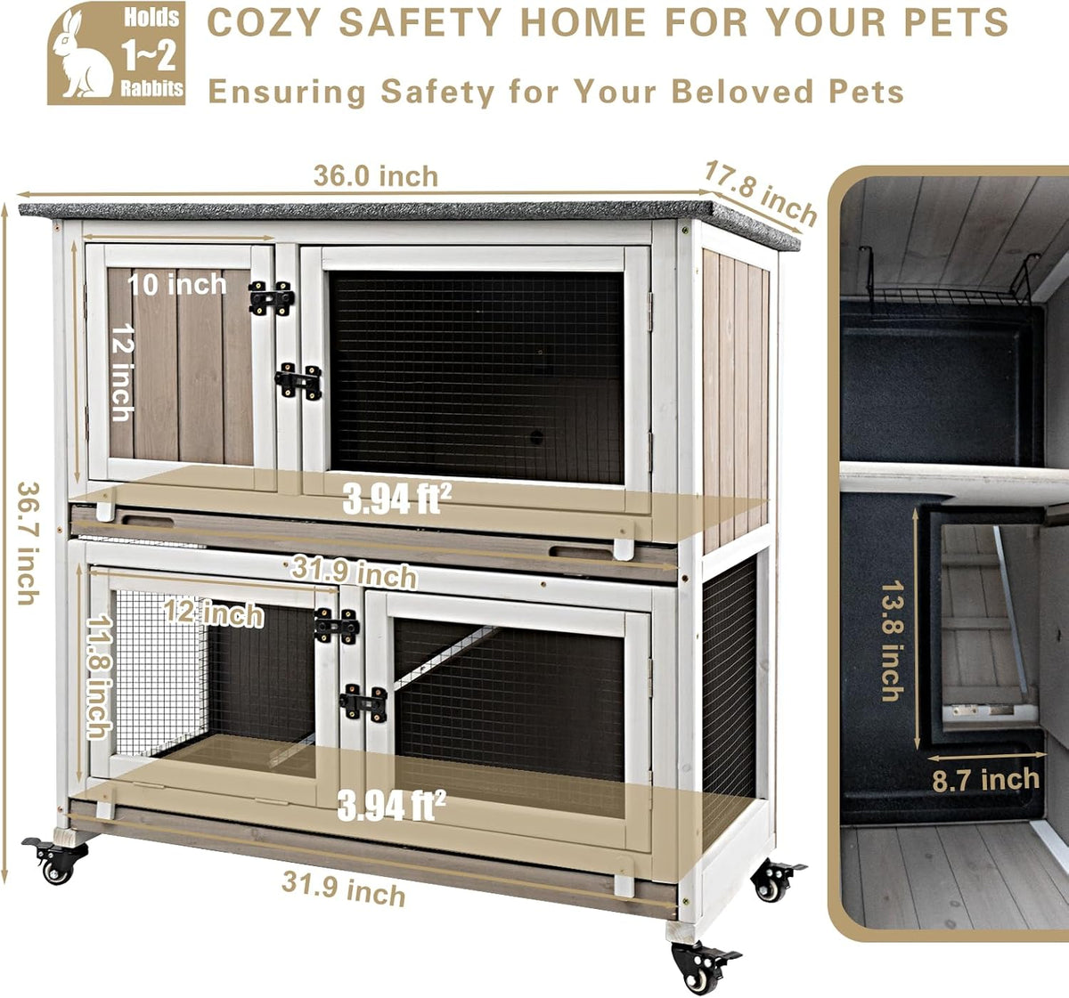 36" L Rabbit Hutch Indoor with 4 Metal Wheels, 2-Story Wooden Bunny Hutch Outdoor Bunny Cage, 2 Deeper Pull-Out Trays, Ramp, Rabbit Cage Guinea Pig Pet House for Small Animals