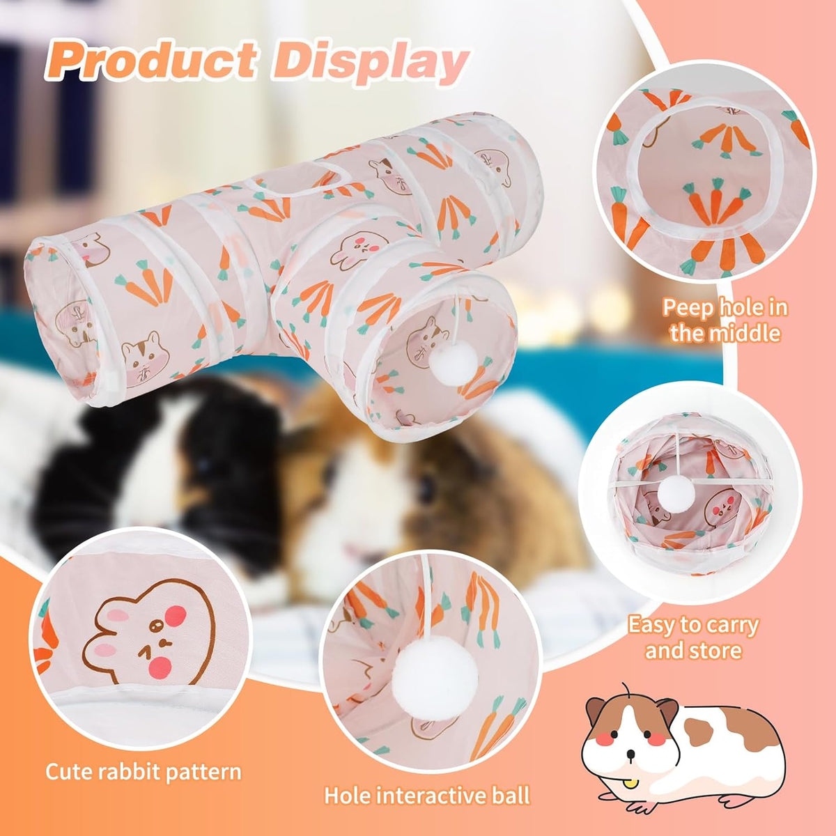 Rypet Guinea Pig Tunnel 3 Way Collapsible Small Pet Tunnels and Tubes with Interactive Ball for Baby Rabbit Ferret Hamster Chinchilla Hedgehog Hiding and Resting-White