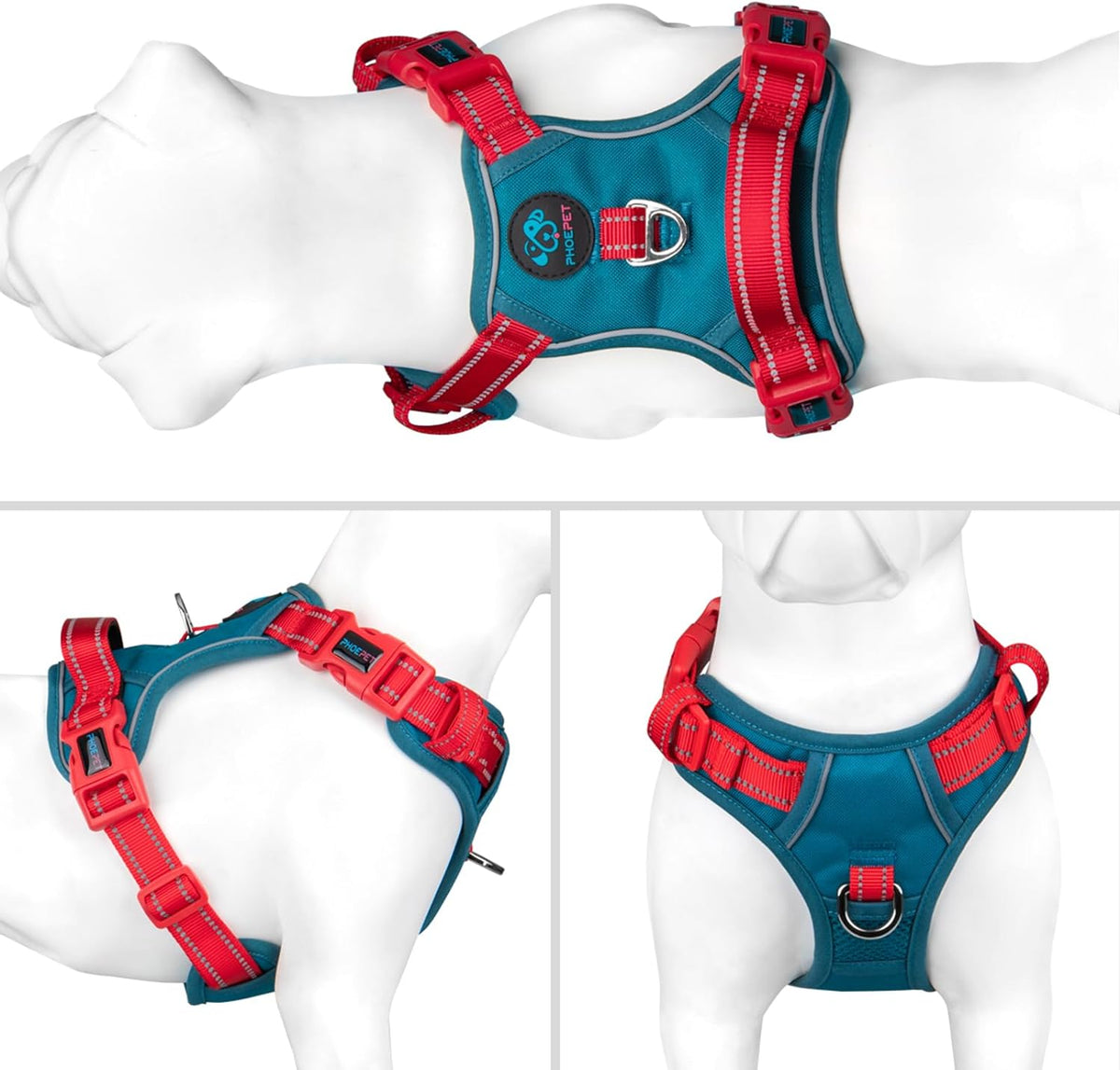 PHOEPET No Pull Dog Harness, Unique Colors Reflective Adjustable Dog Vest, with Soft Training Handle Metal Clips for Small Medium Large Dogs (Teal Base & Red Straps,M)