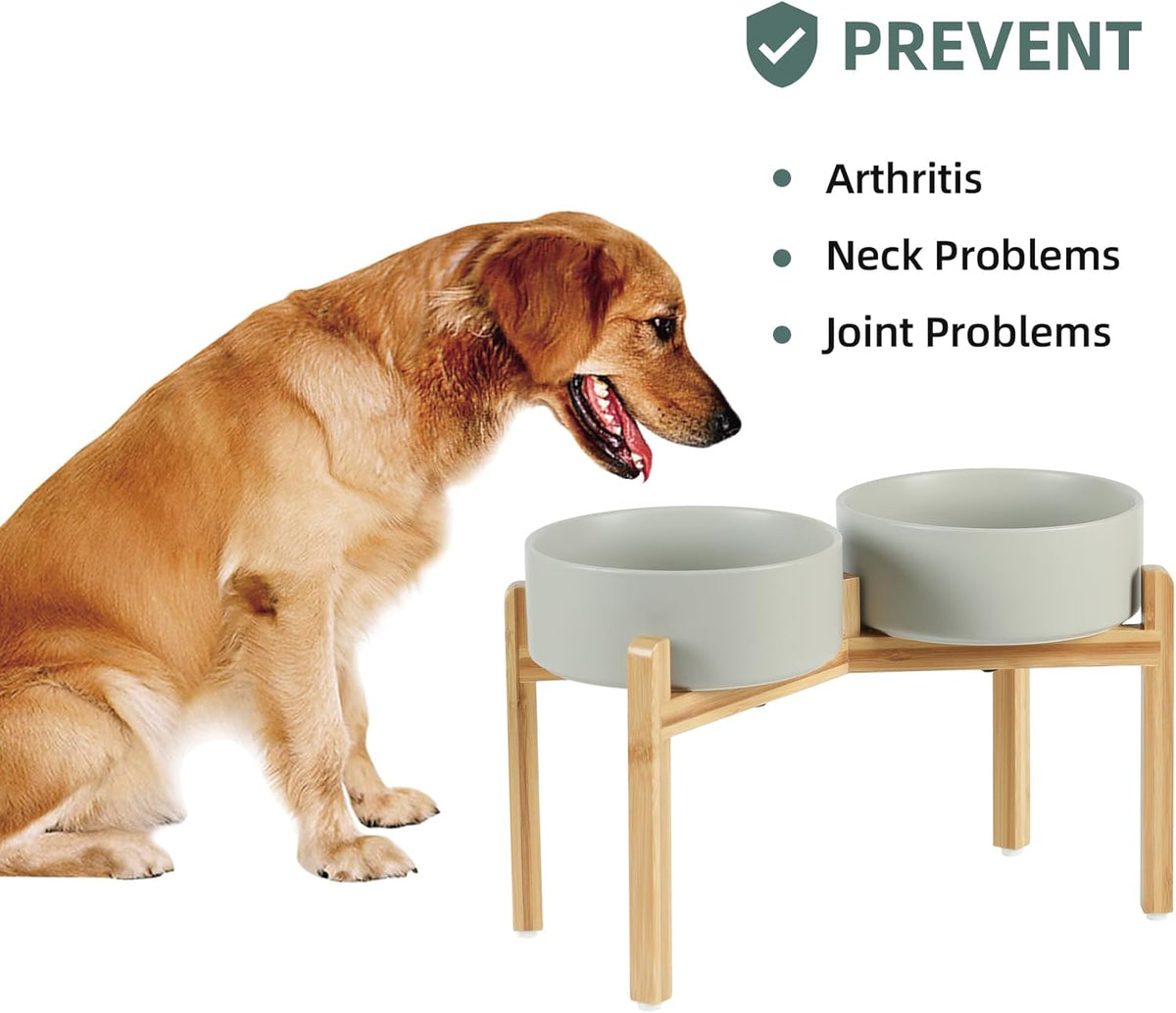 Ceramic Raised Double Bowls Set with Stand, Food & Water Bowls for Large Breed Dogs, Weighted Dog Dishes, Pet Bowl(8.2'',60OZ, Grey)