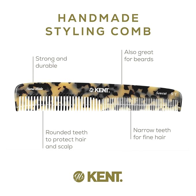 Kent 9T Fine Tooth and Wide Tooth Detangler Comb - Large Handmade Saw-Cut Dressing Comb for Wet Hair and Durable Grooming for Men and Women - Made in England