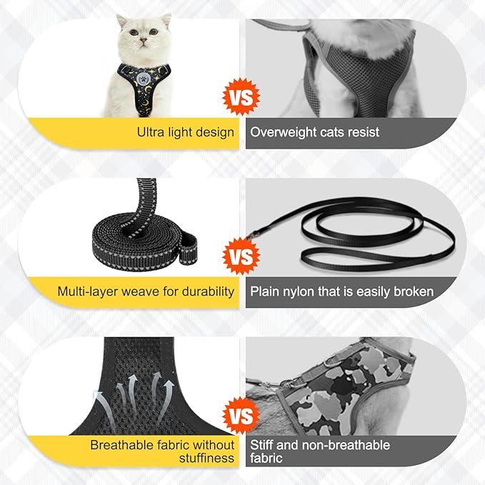BEAUTYZOO Cat Harness and Leash Set for Walking Escape Proof, Neck Release Adjustable Harness for Kitten Puppy Small Medium Large Cats, Soft Cute Easy Control Small Cat Harness for Cats Boy and Girls