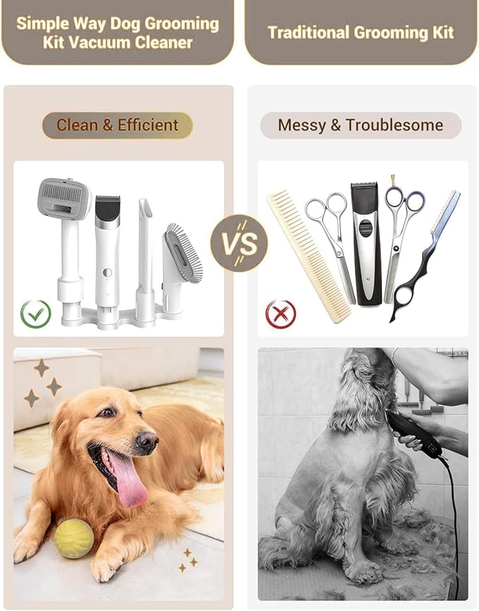 Dog Vacuum Grooming Kit for Shedding: Professional Hair Clippers Pet Groomer - Strong Suction Cleaner Deshedding Tool Fur Brush Attachment Trimmer for Home Cat (Cream White)