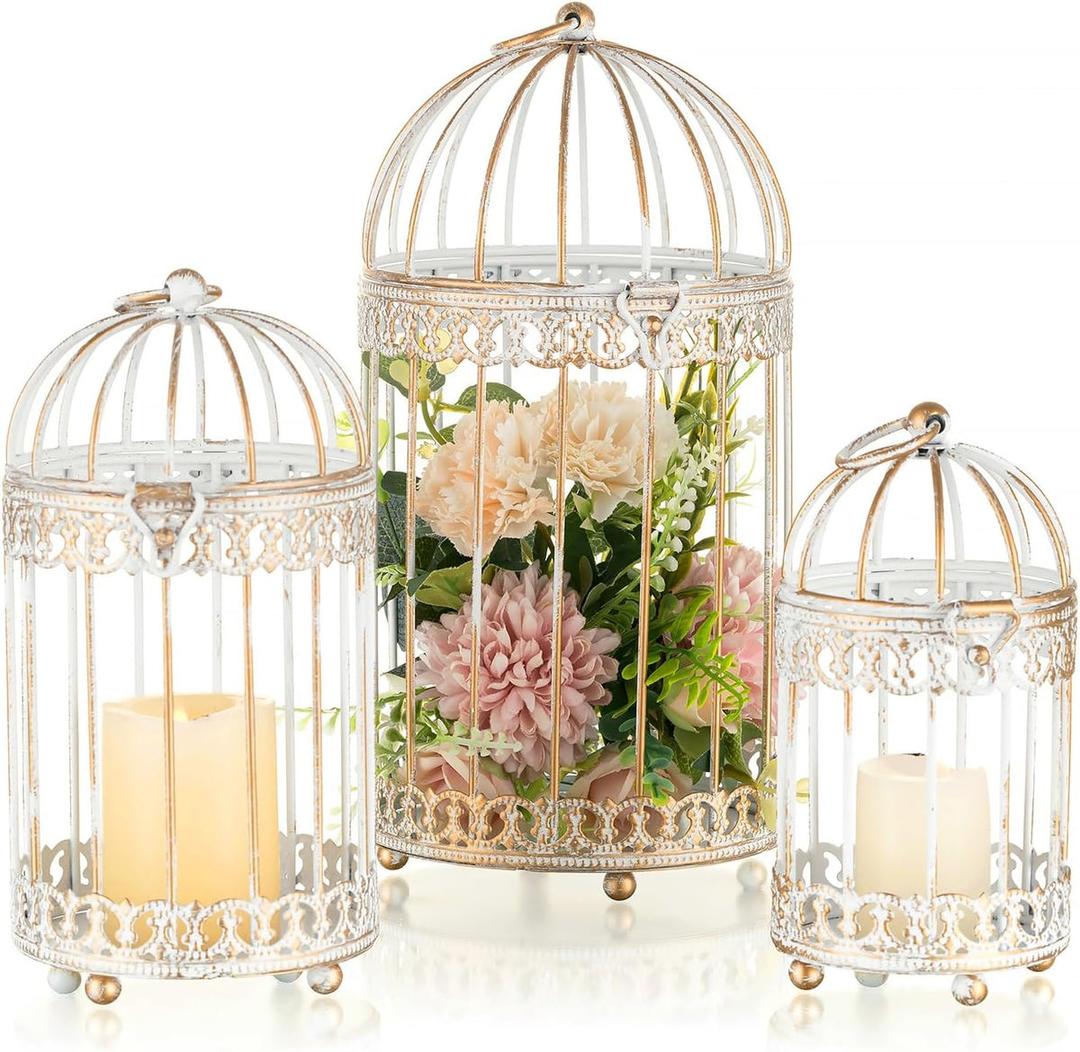 NUPTIO Decorative Candle Lanterns White: 3 Pcs Distressed White Metal Bird Cage Indoors Lantern Centerpiece Assorted Rustic Birdcage Pillar Candle Holders for Home Living Room Porch Office Decoration