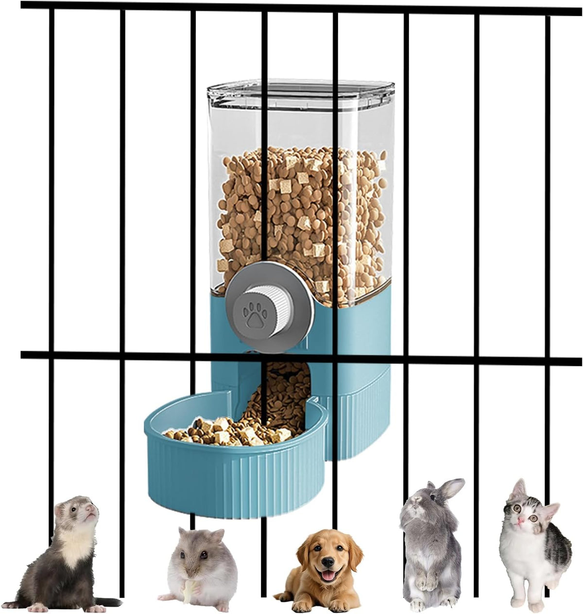Auto Gravity Food Dispenser for Cage Hanging, 41OZ Capacity Hanging Automatic Pet Cage Feeder, Food Bowl for Cats Dogs Rabbit Ferret Chinchilla Bird Hedgehog Guinea Pig (Blue)