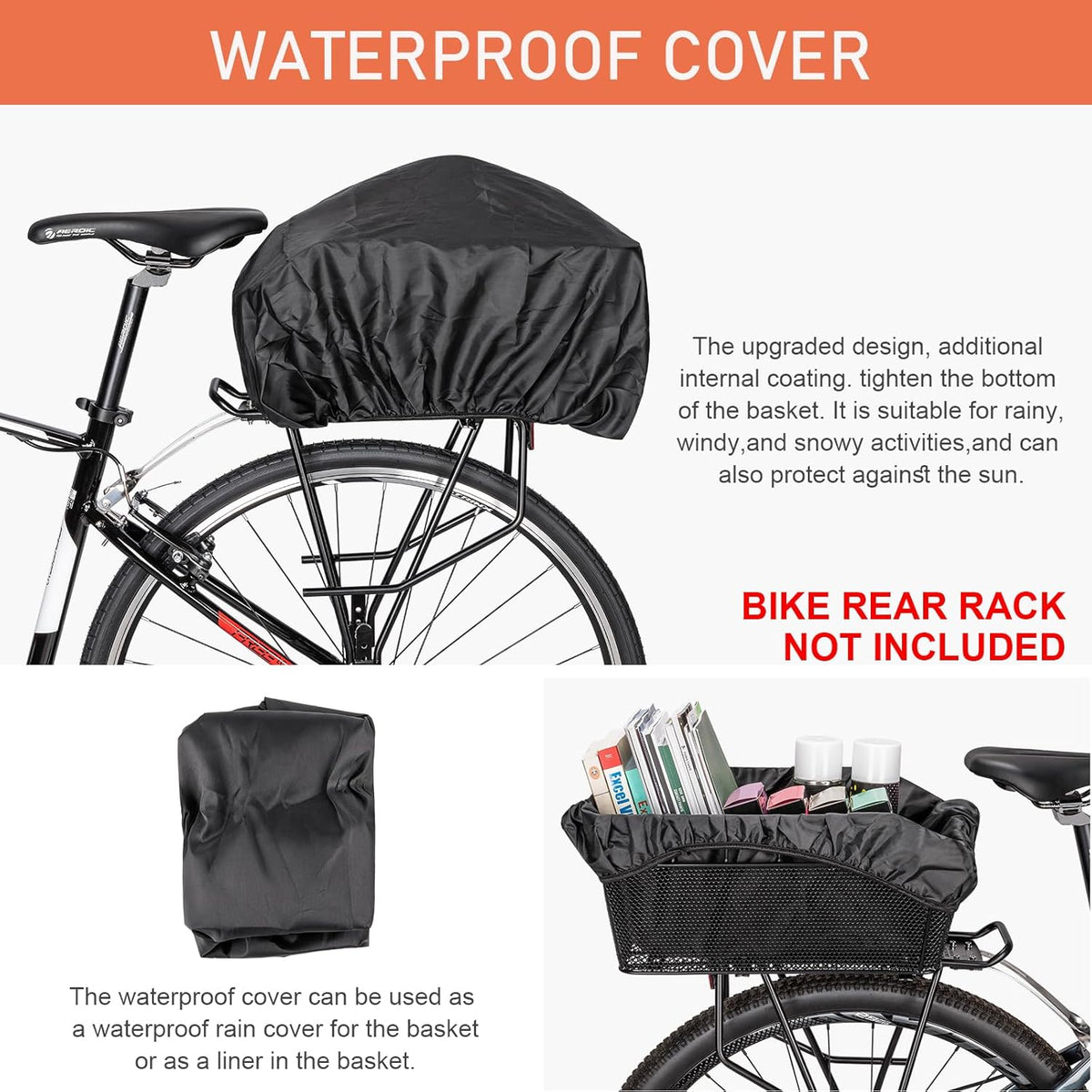 Rear Bike Basket - Large Bicycle Rear Basket with Cargo Net and Waterproof Cover, Wire Bike Baskets Rear Large Capacity (NO Bike Rack Include)