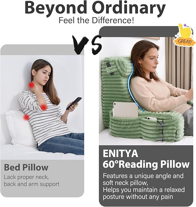 ENITYA 22" XL Reading Pillow with Armrests & Large Pockets, Supportive Back Pillow with Removable Cover, Ideal for Watching TV, Gaming, Resting, Sitting Up in Bedroom, Dorm, Sage Green