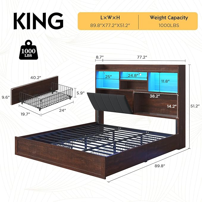 King Farmhouse Bed Frame with Bookcase Headboard and 4 Drawers, LED Storage Bed with Charging Station & Linen Upholstered, No Box Spring Needed, Reclaimed Barnwood