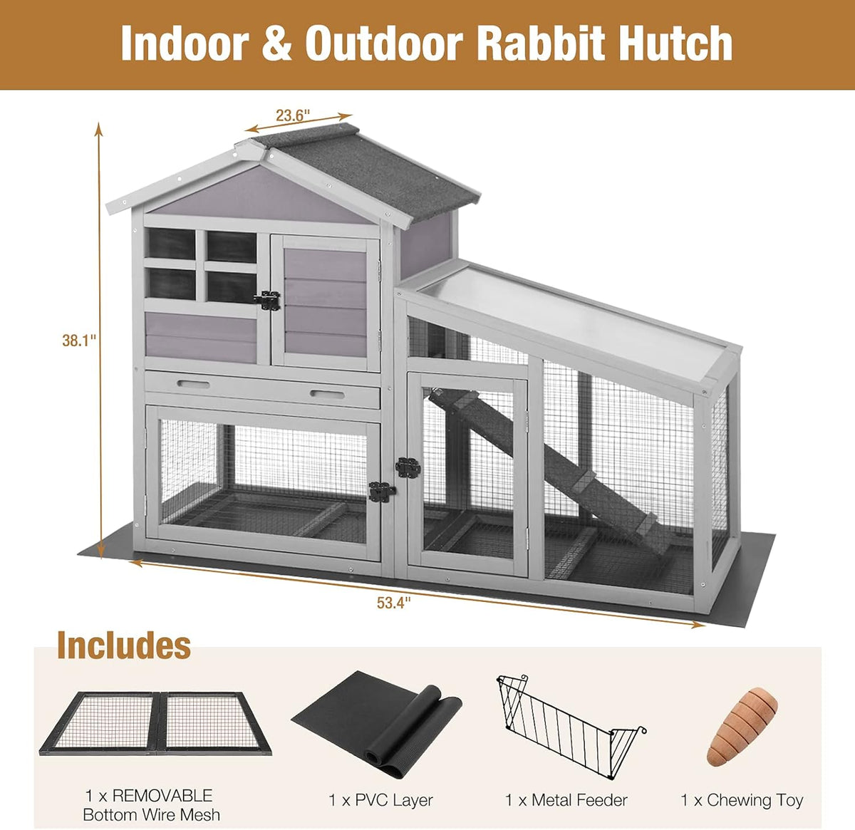 GUTINNEEN Rabbit Hutch for Outdoor Indoor Use, Bunny Cage with PVC Layer and Bottom Wire Netting, Wooden Chicken Coop Rabbit House with UV Roof, Leakproof Tray, Run