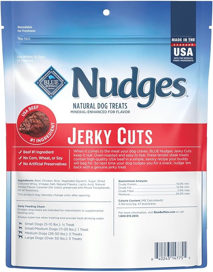 Blue Buffalo Nudges Jerky Cuts Dog Treats, Made in the USA with Natural Ingredients, Steak, 10-oz Bag