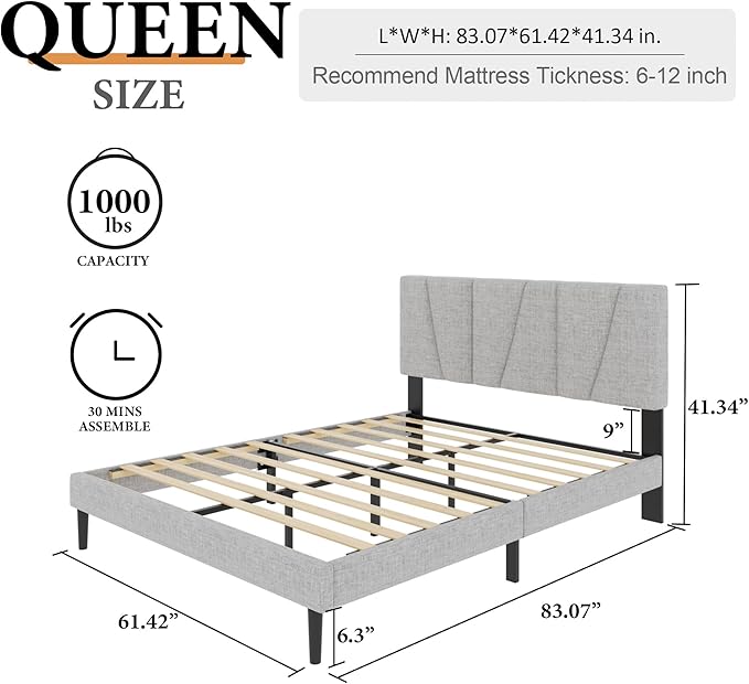 Queen Size Platform Bed Frame with Upholstered Headboard, Wooden Slats Support, Noise Free, No Box Spring Needed, Easy Assembly, Light Grey, Linen