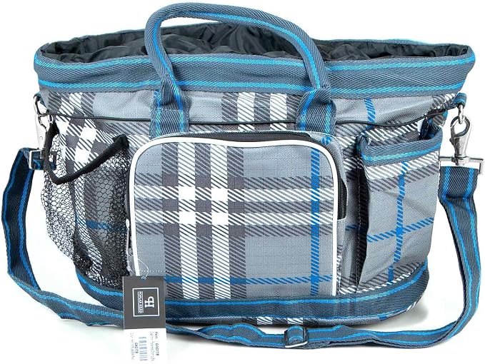 Jeffers Poplar Head Grooming Bag – Horse Grooming Organizer Tote with Pockets for Brushes, Tools, Clippers, Shampoo, Detangler – Stable Barn Kit Carrier for Horses, Pets, Hamilton Blue & Slate Plaid