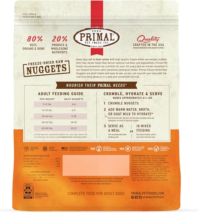 Primal Freeze Dried Raw Dog Food Nuggets, Beef, Complete & Balanced Meal, Also Use as Topper or Treat, Premium, Healthy, Grain Free, High Protein Raw Dog Food, 30 oz