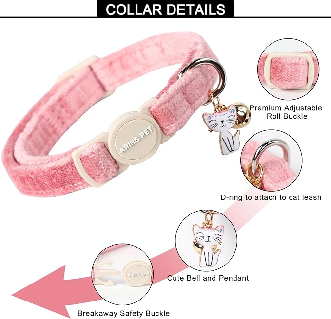 ARING PET 2 Pack Cat Collar-Cute Cotton Cat Collar with Bell & Pendant, Adjustable Pink Khaki Kitten Collars with Safety Buckle for Girl and Boy Pets