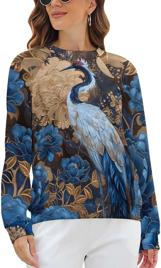 Womens Long Sleeve Tops Y2k Japanese Art Print Sweatshirts Fall Pullover for Women Crewneck Vintage Shirts Boho Tops