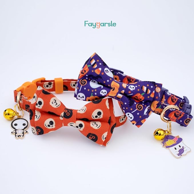 Faygarsle 2 Pack Cute Seasonal Cat Collar for Halloween and Fall Breakaway Collar with Bells Bowtie Cute Patterns for Female and Male Cats Orange Purple Cat Collar