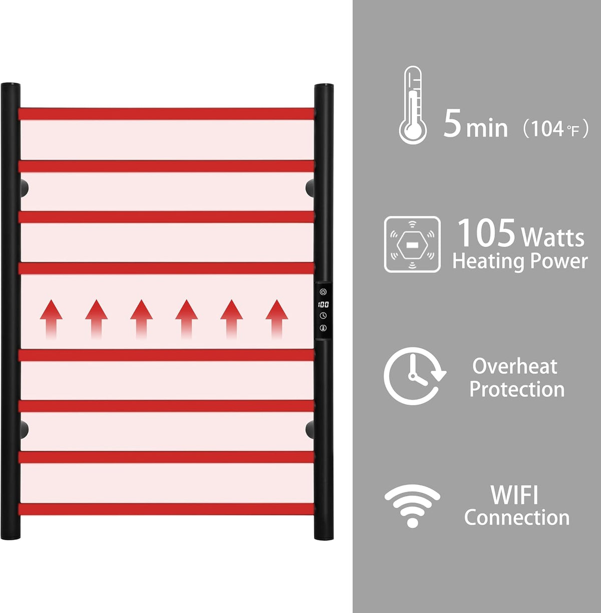 KEG Smart WiFi Towel Warmer Wall Mounted with Built-in Timer and Temperature Adjust Control, 8 Bars Electric Stainless Steel Heated Towel Racks for Bathroom Black