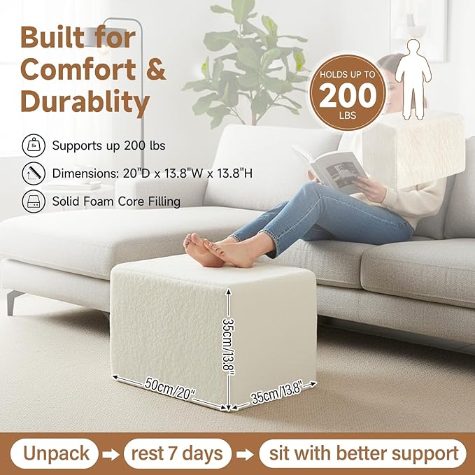 Tiita Square Stuffed Pouf Ottoman, Plush Poufs with Foam Chunk Filling, Foot Rest Stool for Living Room, Cream