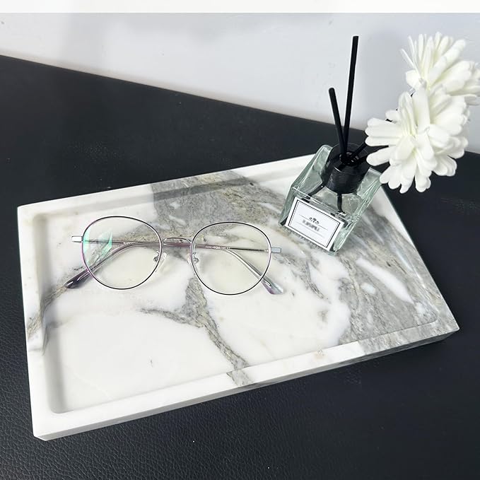 Natural White Marble Vanity Tray, 9.8"x5.9" Genuine Marble Stone Tray for Bathroom/Kitchen/Dresser (Arabescato)