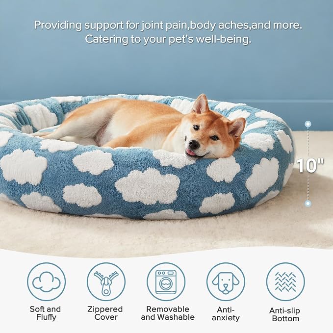 JOEJOY Jacquard Donut Round Dog Beds Large Sized Dog,Blue 36x36x8in, Removable Washable Cover, Cute Pattern, Ultra Soft Fluffy Calming Pet Bed with Thick Supportive Bolster