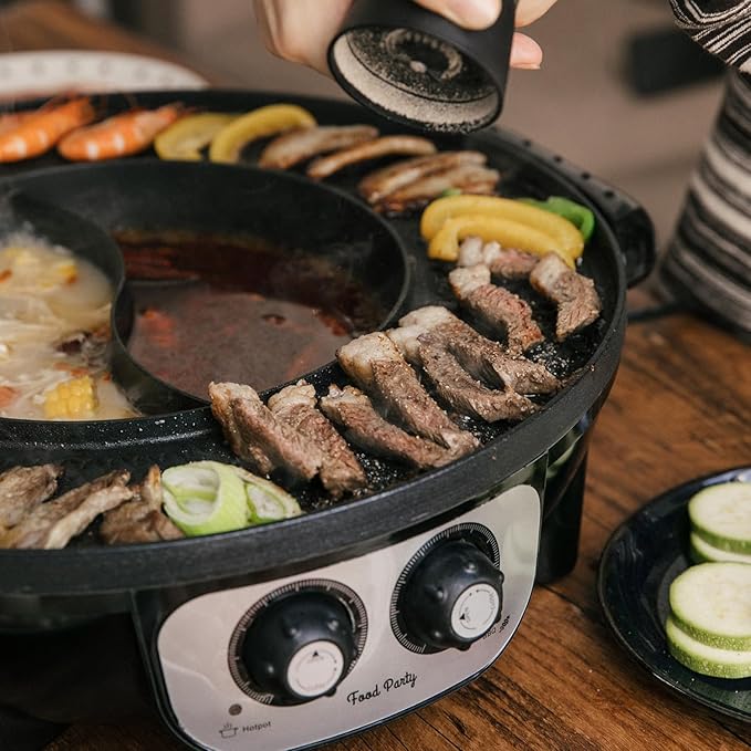 Food Party Hot Pot with Grill 2 in 1 Electric Smokeless Grill and Hotpot Pot