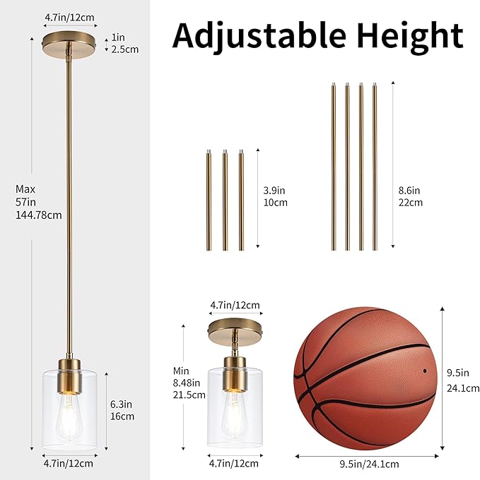 MAYNA 3-Pack Brushed Brass Dining Room Light Fixtures, Modern Gold Pendant Lighting Over Island, Adjustable Rods Glass Chandelier for Kitchen Table (Bulbs Included)