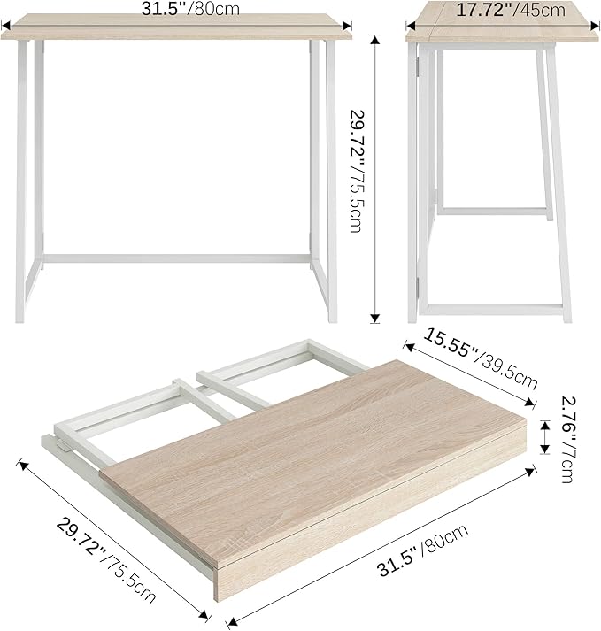 4NM 31.5" Small Folding Desk, Foldable Computer Home Office Desk, Study Writing Table for Small Space Saving Bedroom, Easy Assembly - Natural and White