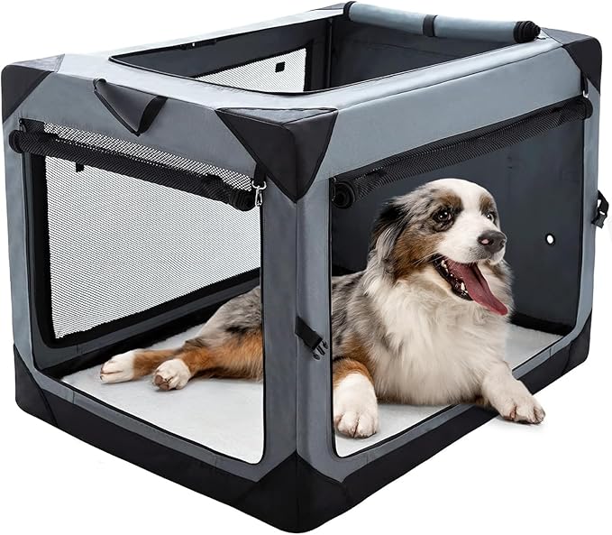 Pettycare 36 Inch Collapsible Crate for Large Dogs, 4-Door Foldable Soft Kennel with Chew Proof Mesh Windows for Indoor & Outdoor Travel