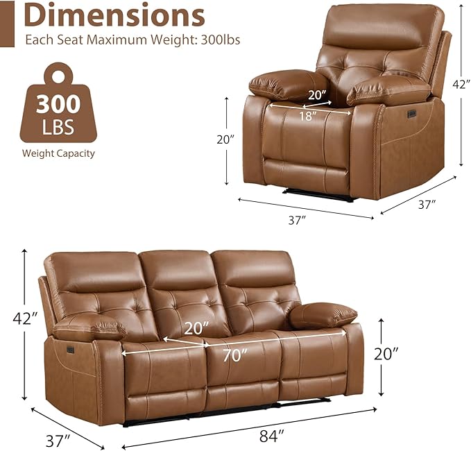 CANMOV Genuine Leather Power Recliner Sofa Set,Power Recliner Chair and Sofa Set, 2 Pieces Leather Couch with Storage Console, USB Ports, Cup Holders for Living Room,Brown