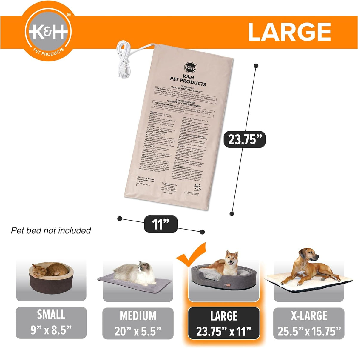 K&H Pet Products Pet Bed Warmer, Turn Any Pet Bed Into a Heated Cat or Dog Bed, Waterproof Indoor Heated Warming Pad Insert, Automatic Temperature, Safety Listed - Large 23.75 X 11in Tan