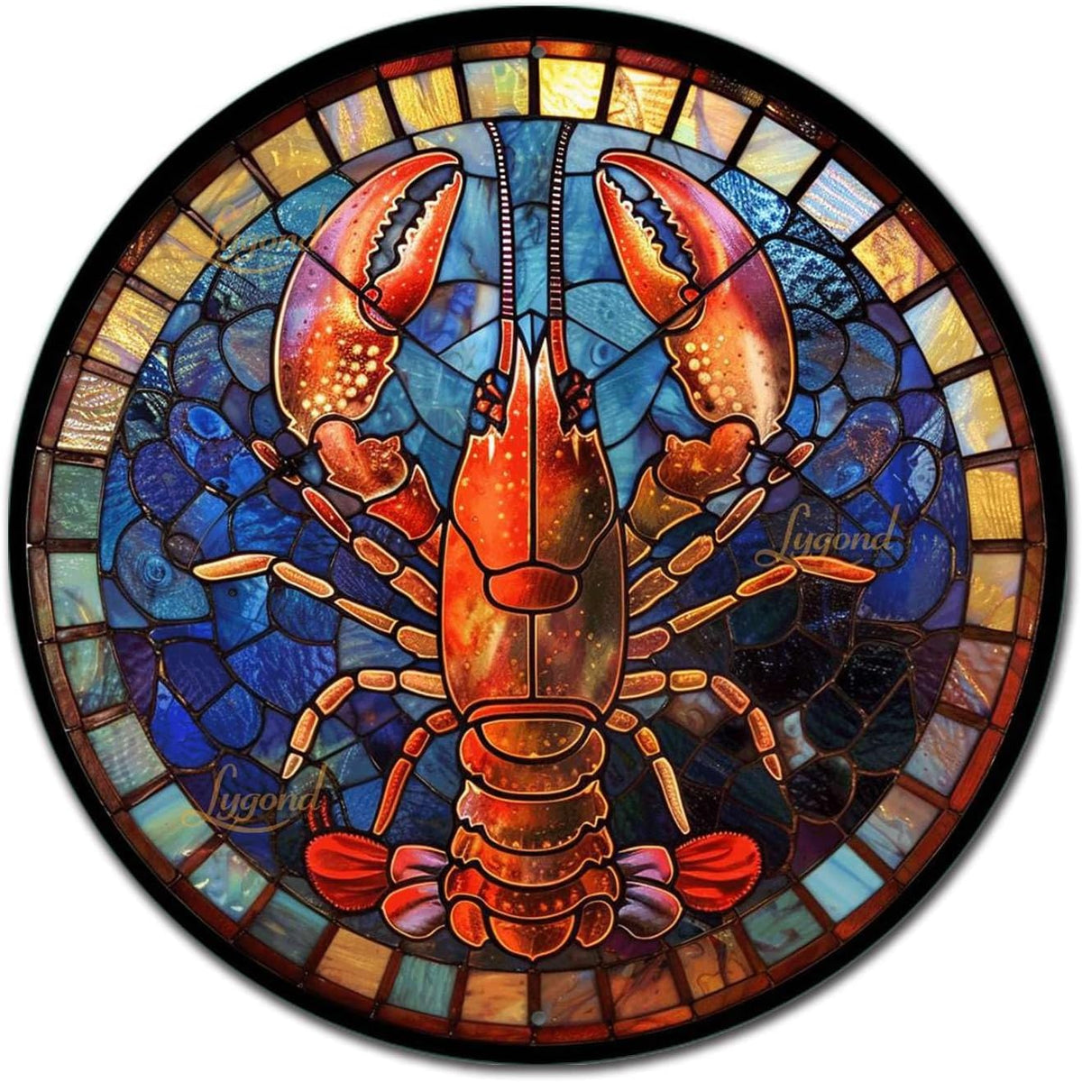 Lygond Metal Sign Tin Sign Circular Stained Glass Lobster Gardening Decor Gift for Garage 12×12 Inches